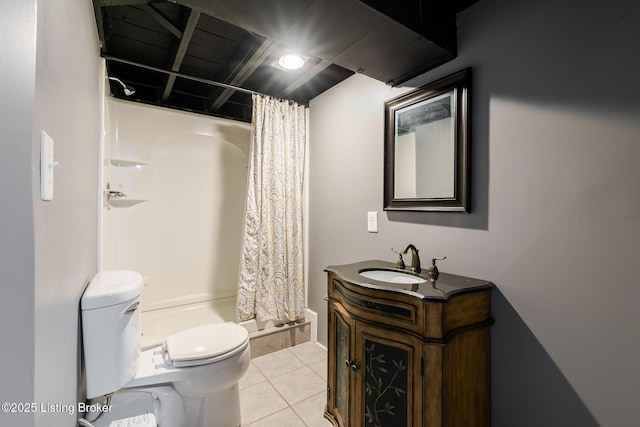 full bathroom with vanity, tile patterned flooring, toilet, and a shower stall