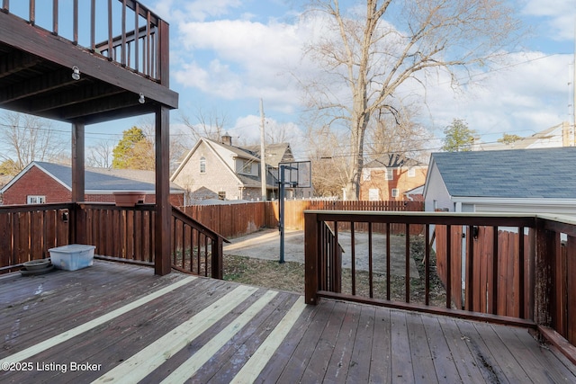 wooden deck featuring a fenced backyard and a residential view