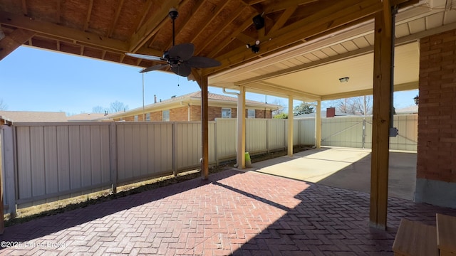 view of patio / terrace featuring ceiling fan and a fenced backyard