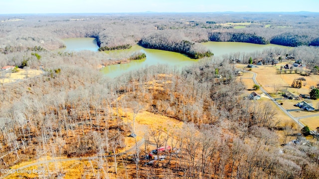 aerial view featuring a water view and a wooded view