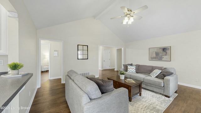 living area with dark wood-type flooring, ceiling fan, high vaulted ceiling, beamed ceiling, and baseboards