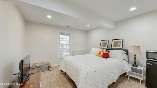 bedroom with baseboards, visible vents, carpet flooring, beam ceiling, and recessed lighting