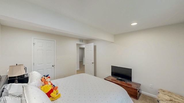 bedroom featuring carpet floors, recessed lighting, and baseboards