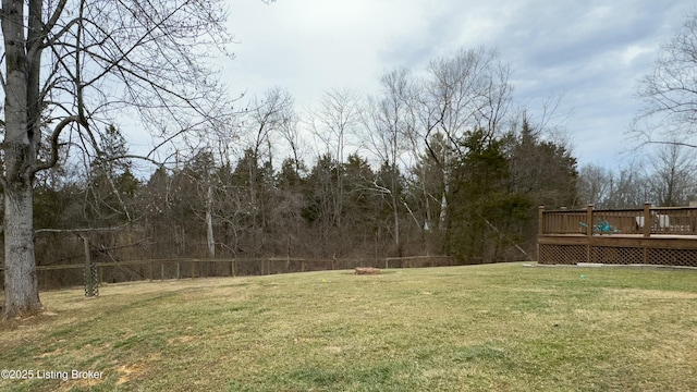 view of yard with fence and a wooden deck