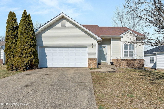 ranch-style house featuring driveway, brick siding, and an attached garage