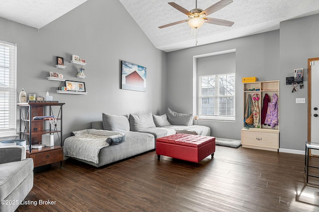 living area featuring a ceiling fan, vaulted ceiling, a textured ceiling, and wood finished floors