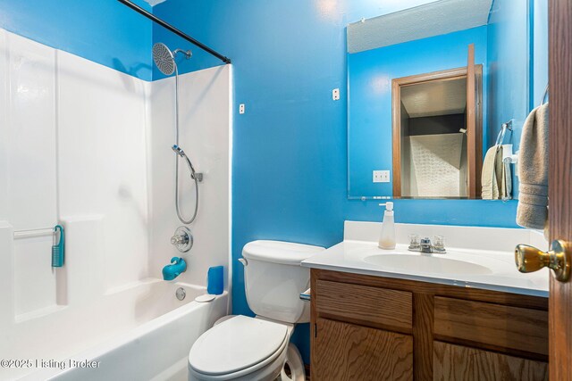 full bath featuring toilet, shower / bath combination, a textured ceiling, and vanity