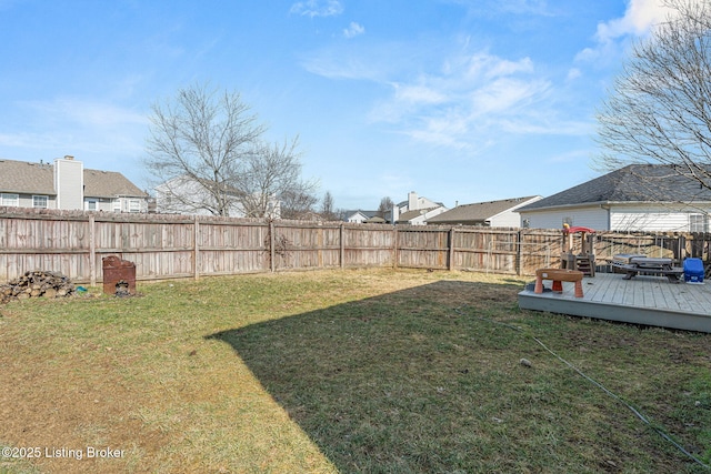 view of yard with a fenced backyard and a wooden deck