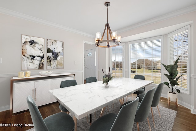1523 Yorkshire Dr, Elizabethtown, KY 42701 - dining room with ornamental molding, a notable chandelier, baseboards, and dark wood-style floors