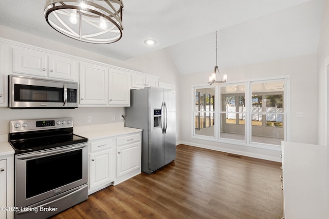 1523 Yorkshire Dr, Elizabethtown, KY 42701 - kitchen featuring stainless steel appliances, light countertops, white cabinets, vaulted ceiling, and a chandelier