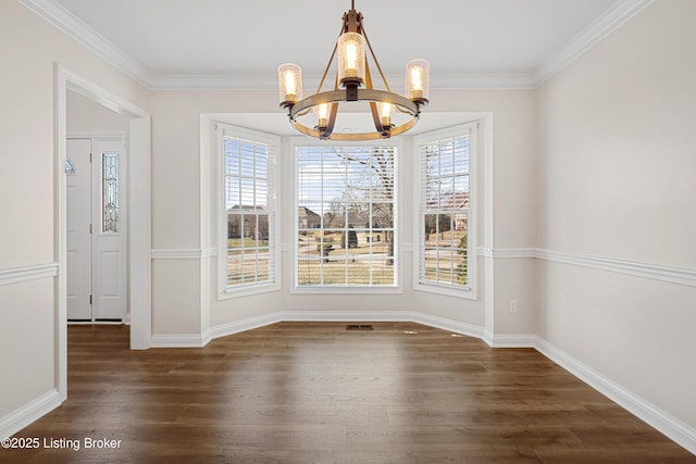 1523 Yorkshire Dr, Elizabethtown, KY 42701 - unfurnished dining area with crown molding, dark wood-type flooring, visible vents, and an inviting chandelier