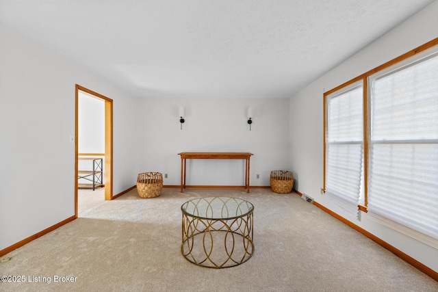 sitting room featuring a textured ceiling, carpet, and baseboards