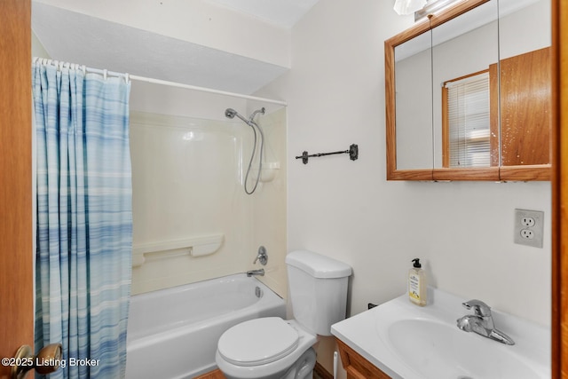 bathroom featuring toilet, shower / bath combo, and vanity