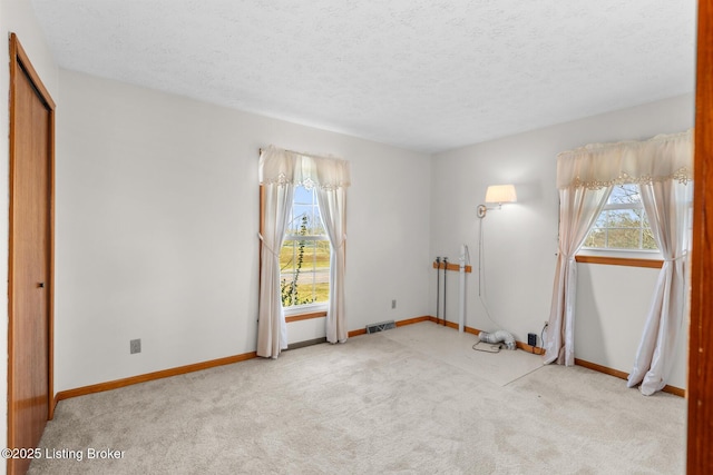 spare room with carpet floors, a wealth of natural light, visible vents, and a textured ceiling