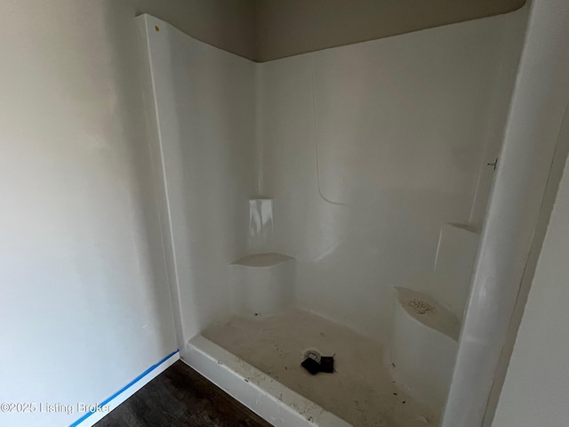 full bathroom featuring wood finished floors and a shower stall