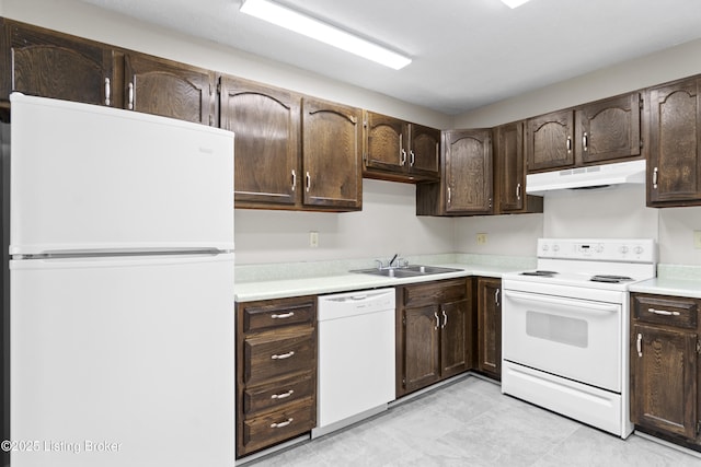 kitchen featuring dark brown cabinetry, white appliances, under cabinet range hood, and light countertops