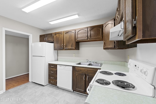 kitchen featuring dark brown cabinets, white appliances, extractor fan, and a sink