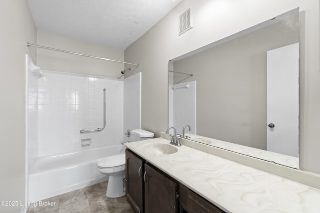 bathroom featuring a textured ceiling, shower / tub combination, toilet, vanity, and visible vents