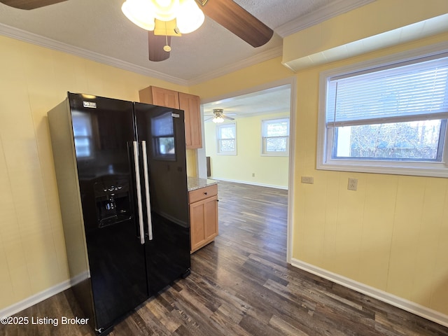 kitchen with crown molding, dark wood finished floors, black refrigerator with ice dispenser, and a textured ceiling