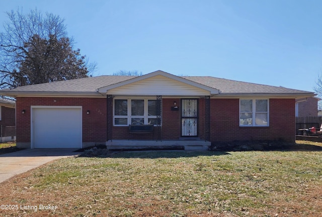 view of front facade featuring a garage, brick siding, a shingled roof, concrete driveway, and a front yard