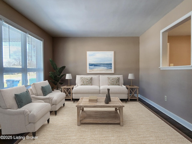 living area featuring baseboards and wood finished floors