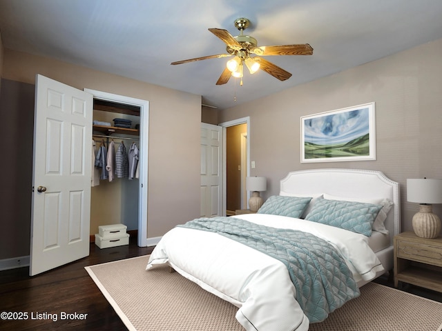 bedroom featuring dark wood-style floors, ceiling fan, a closet, and baseboards