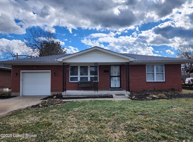 ranch-style home with brick siding, roof with shingles, an attached garage, driveway, and a front lawn