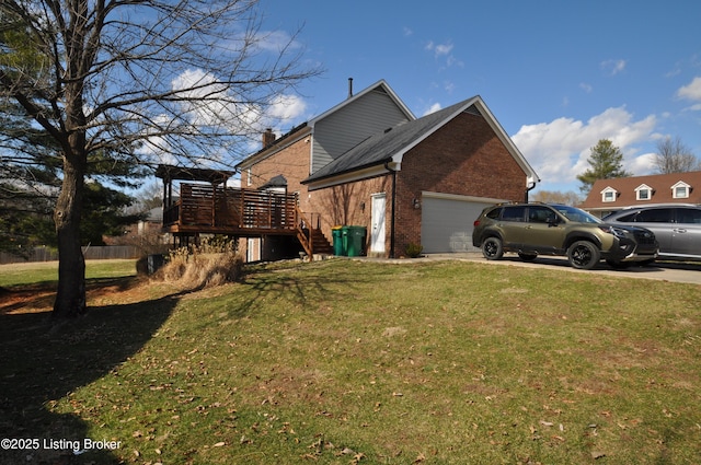 view of property exterior with brick siding, a lawn, a garage, driveway, and stairs