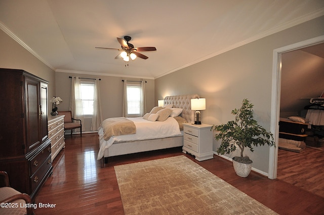 bedroom featuring dark wood-style floors, ceiling fan, baseboards, and crown molding