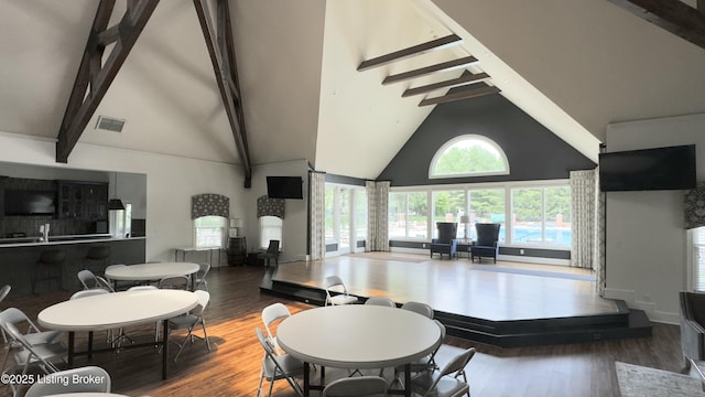 living area with visible vents, high vaulted ceiling, wood finished floors, and beam ceiling