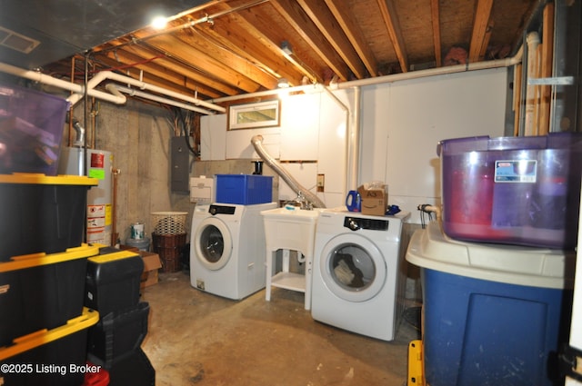 clothes washing area with laundry area, electric panel, visible vents, independent washer and dryer, and water heater