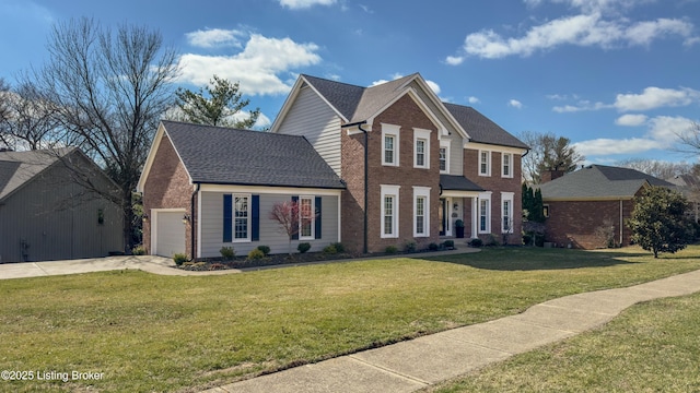 colonial home featuring brick siding, an attached garage, driveway, and a front lawn