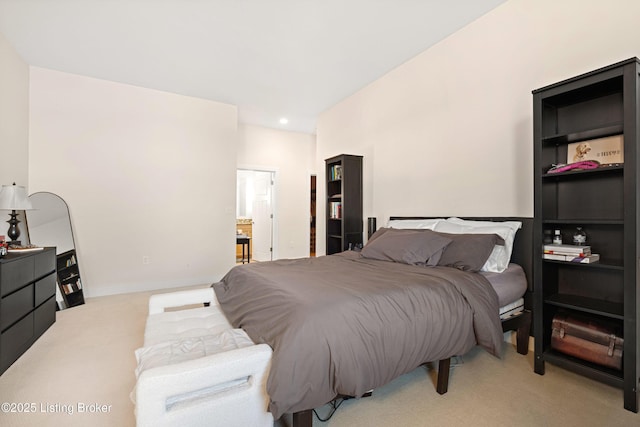 bedroom with recessed lighting, baseboards, and light colored carpet