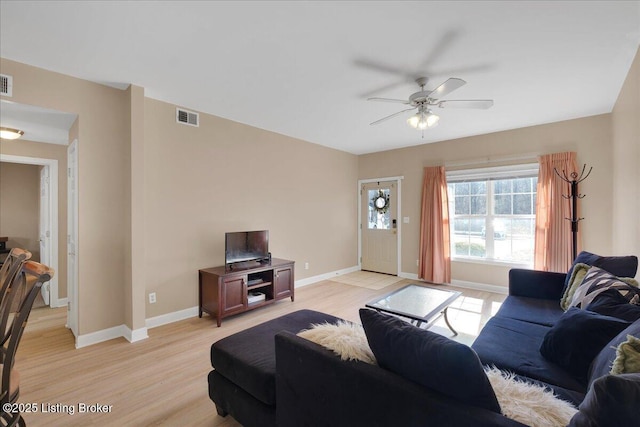 living room featuring light wood finished floors, baseboards, and visible vents