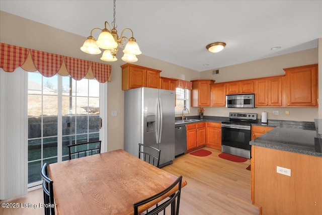 kitchen with light wood finished floors, stainless steel appliances, dark countertops, visible vents, and a sink