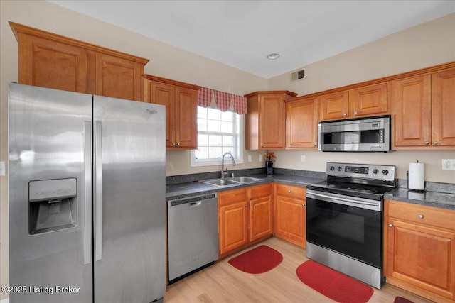 kitchen with a sink, visible vents, appliances with stainless steel finishes, brown cabinetry, and dark countertops