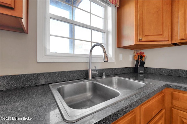 room details featuring dark countertops, brown cabinets, and a sink