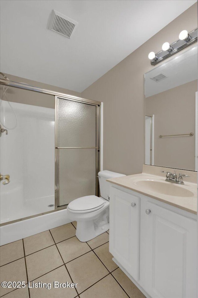 full bath featuring vanity, a shower stall, visible vents, and tile patterned floors