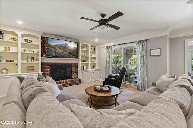 carpeted living room featuring crown molding, recessed lighting, a fireplace, and a ceiling fan