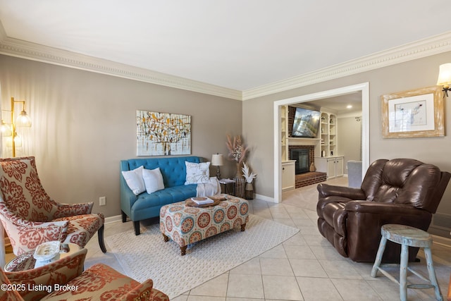 living room featuring ornamental molding, a brick fireplace, baseboards, and light tile patterned floors