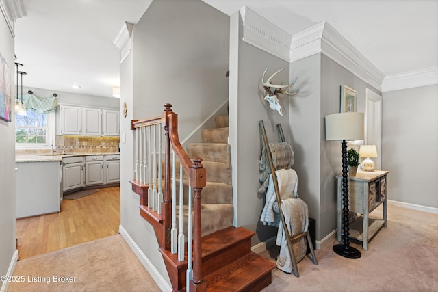 stairway featuring ornamental molding, carpet, and baseboards