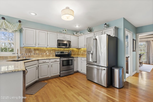 kitchen with appliances with stainless steel finishes, light wood-style floors, a sink, and decorative backsplash