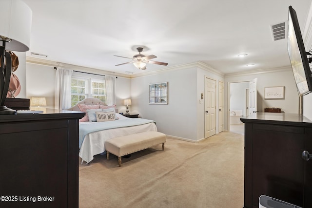 bedroom featuring ornamental molding, visible vents, light carpet, and baseboards