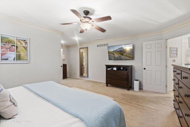 bedroom with light carpet, baseboards, visible vents, ceiling fan, and ornamental molding