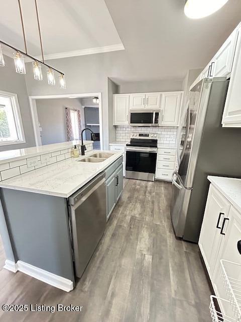 kitchen with dark wood finished floors, stainless steel appliances, backsplash, a sink, and an island with sink