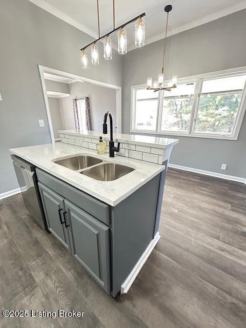 kitchen with gray cabinetry, ornamental molding, an island with sink, a sink, and dark wood-style flooring