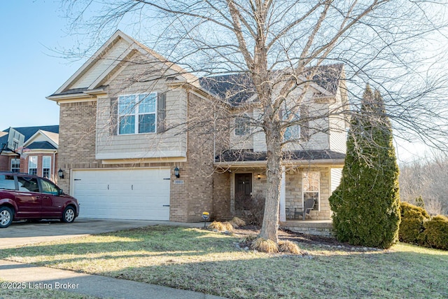 view of front of house featuring a porch, concrete driveway, brick siding, and an attached garage