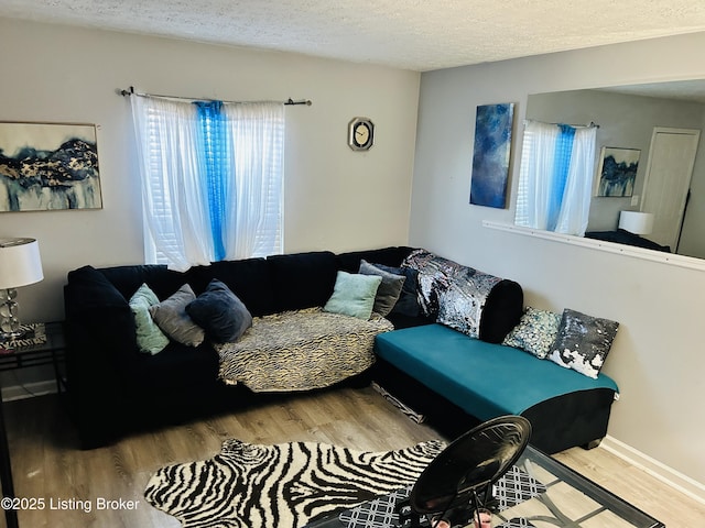 living room with a textured ceiling and wood finished floors