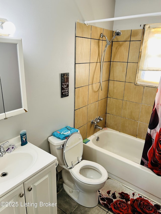 full bathroom with vanity, shower / tub combo, tile patterned flooring, and toilet