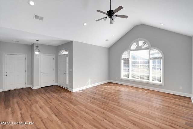 unfurnished living room featuring lofted ceiling, visible vents, a ceiling fan, light wood-type flooring, and baseboards